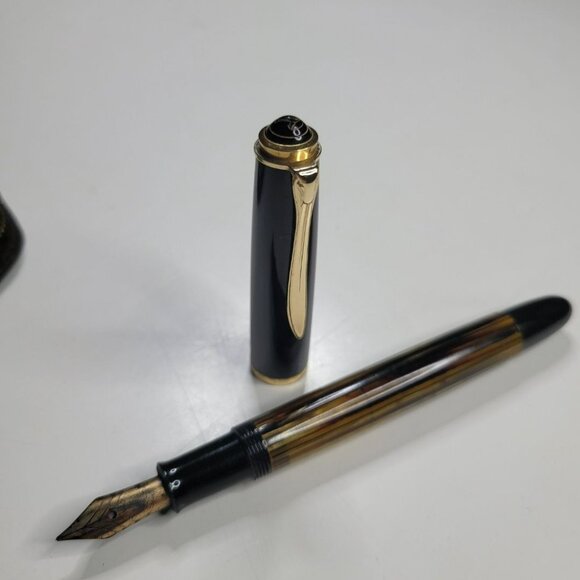 Pelikan‎ Fountain Pen Tortoise Brown Stripe Case Mechanical Pencil Zip Vintage - Picture 4 of 16